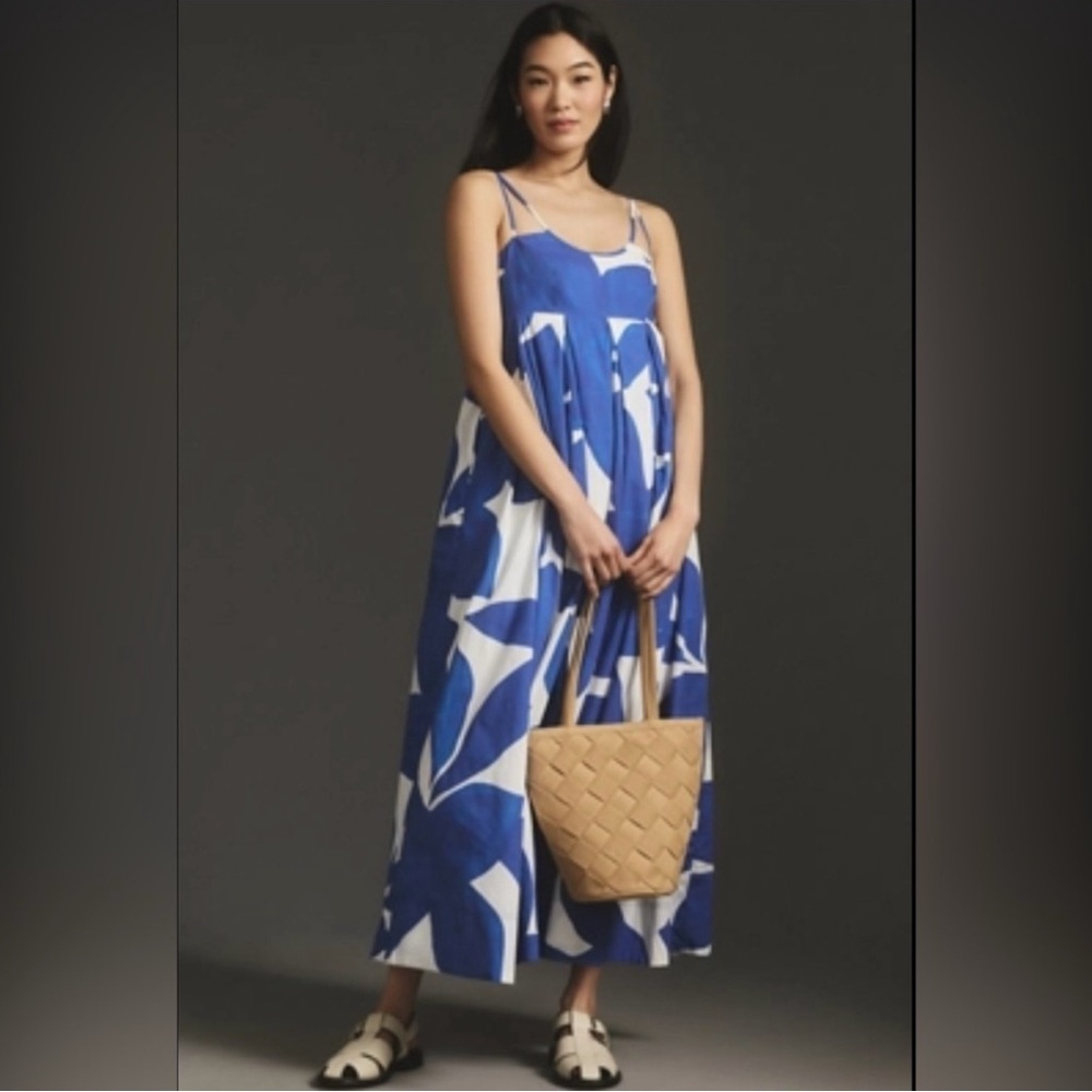 Anthropologie Blue and White Floral Maxi Dress Small
